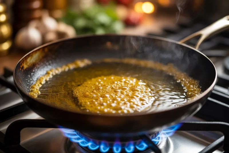 Cooking with mustard oil in a home kitchen